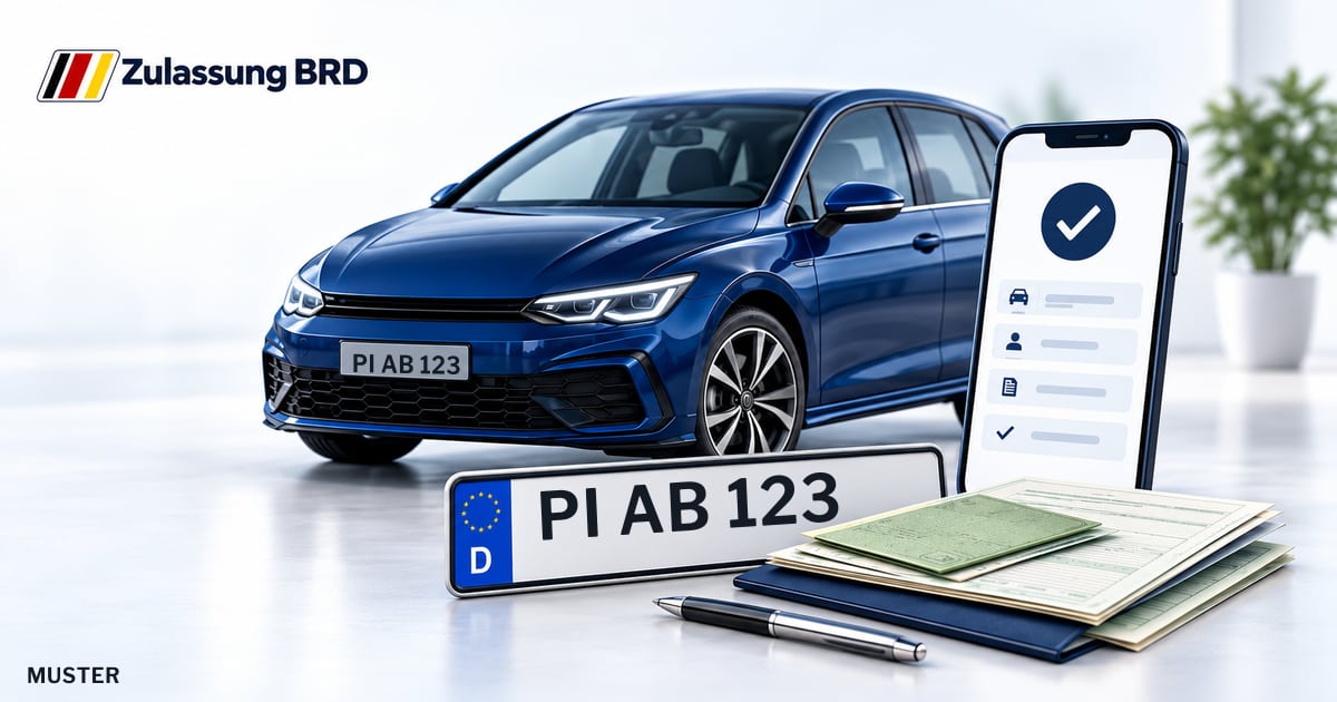 Online Fahrzeugzulassung in Schenefeld: Musterkennzeichen PI AB 123, Auto und Fahrzeugpapiere und Smartphone. Illustration mit Logo von Zulassung BRD.